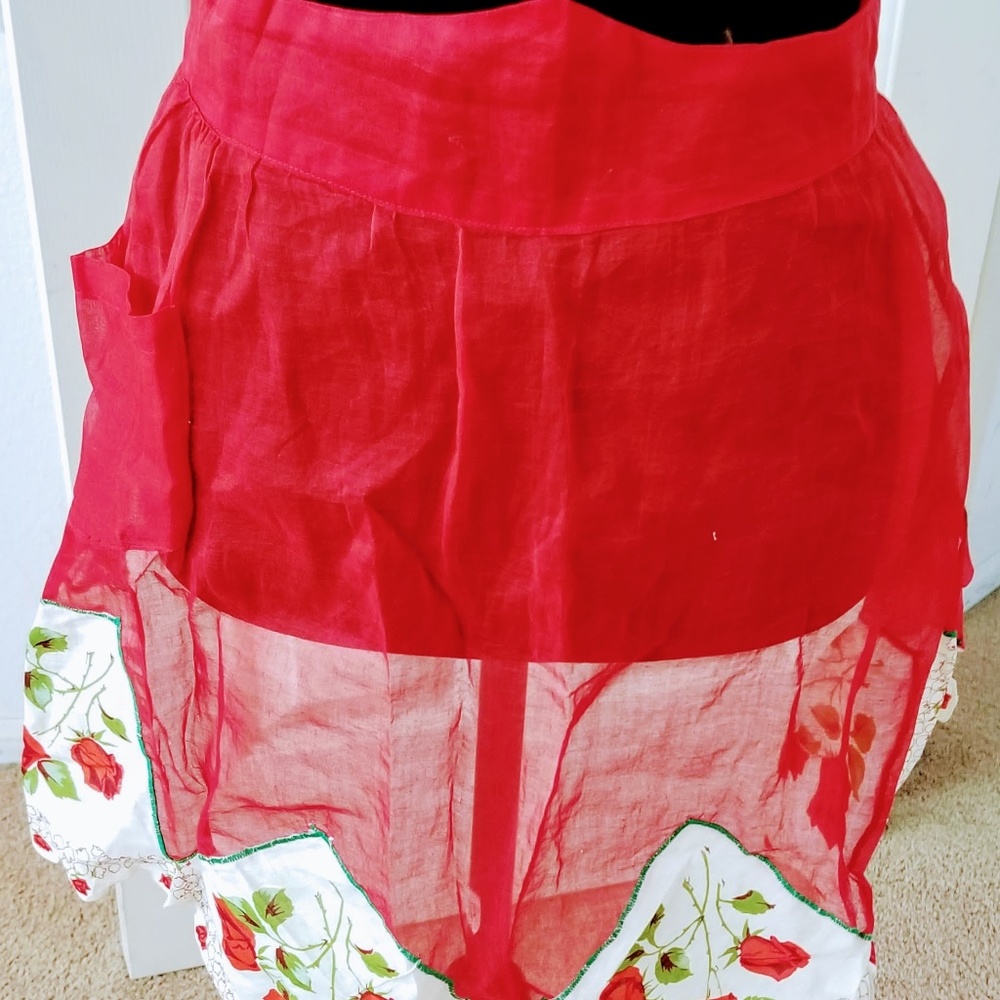 1940's-1950's Red Silk Organza~Roses Hostess Apron